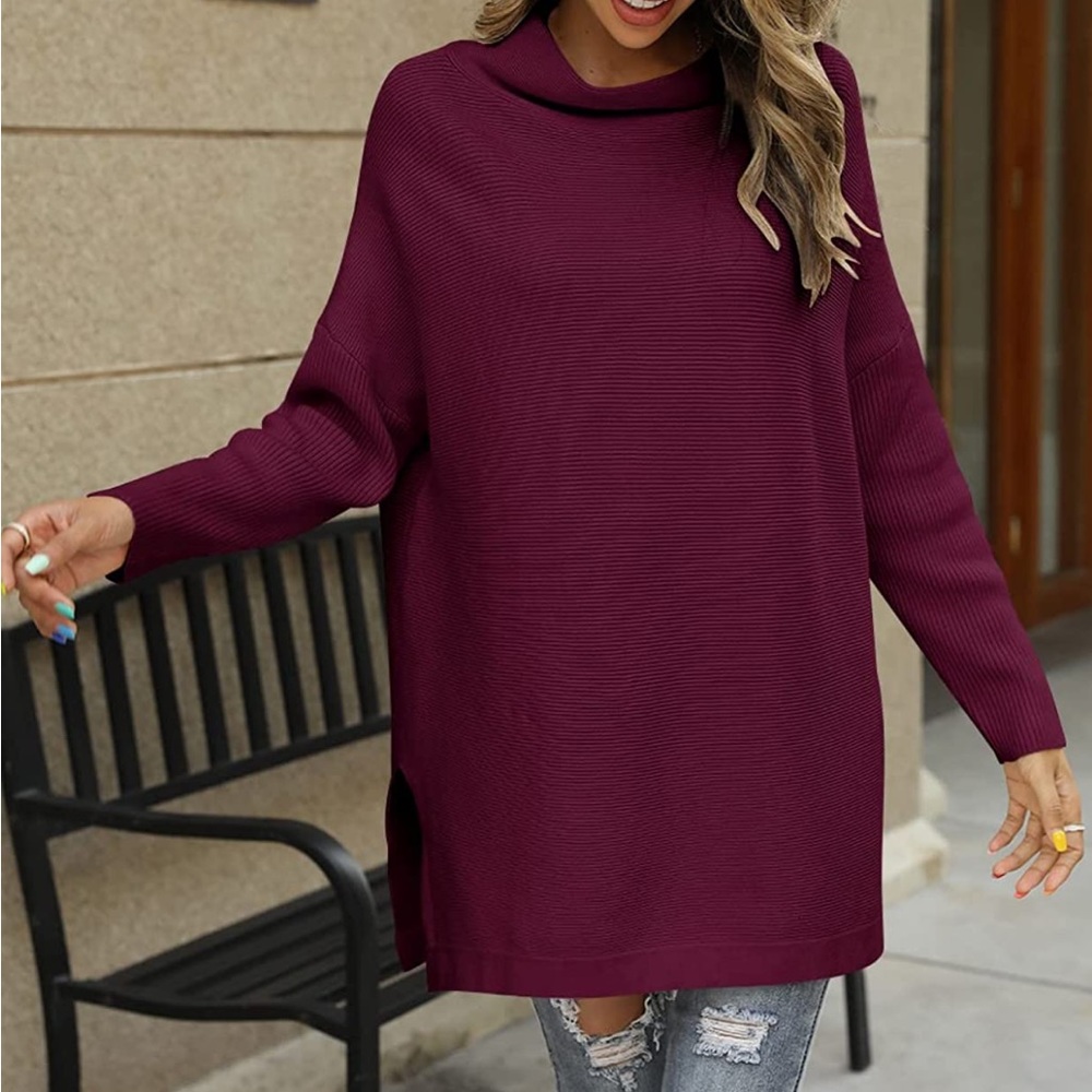 NWT LILLUSORY Oversized Tunic Sweater Wine Red Turtleneck Batwing Sleeve